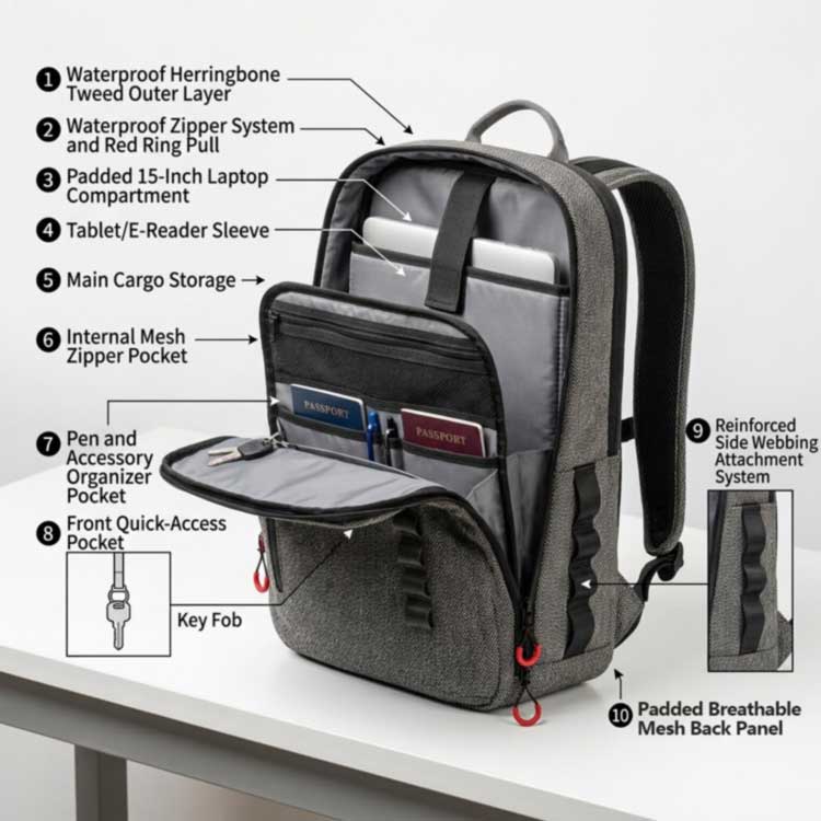 Laptop in a sealed dry sleeve going into a welded waterproof backpack compartment