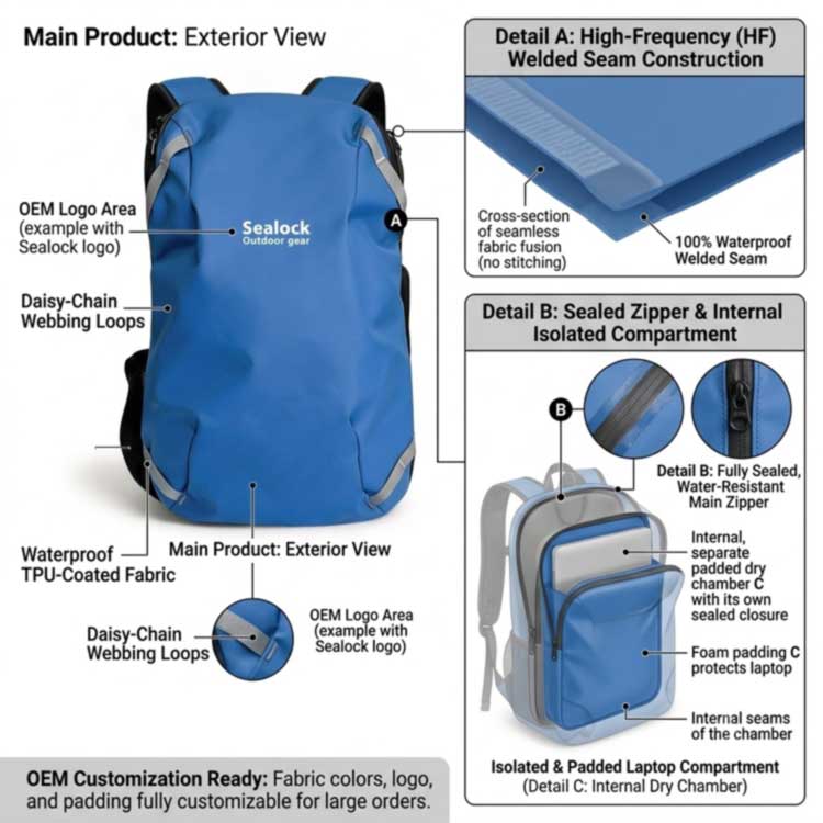 OEM waterproof laptop bag welded seam sealed zipper and isolated laptop compartment