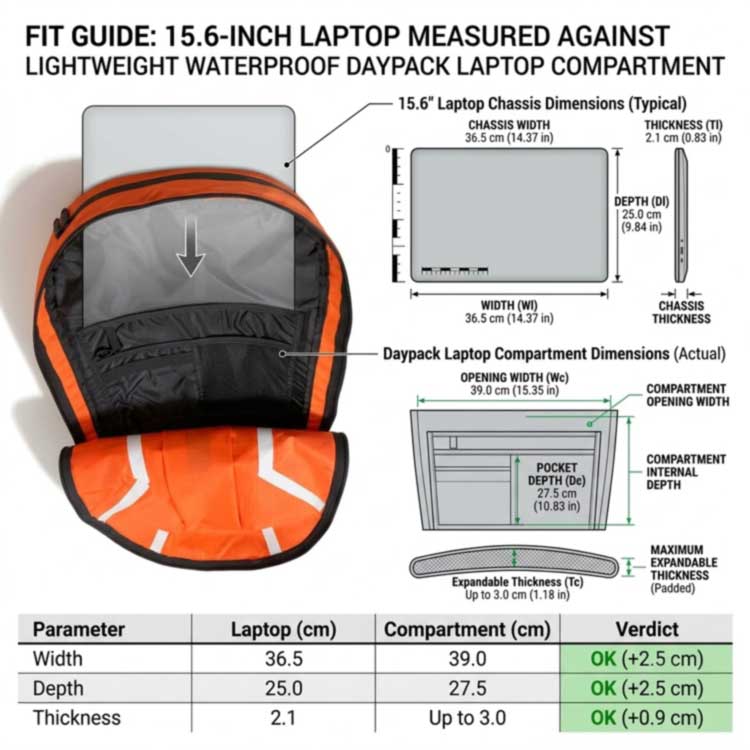 15.6 inch laptop chassis width depth thickness measured against a waterproof bag laptop compartment