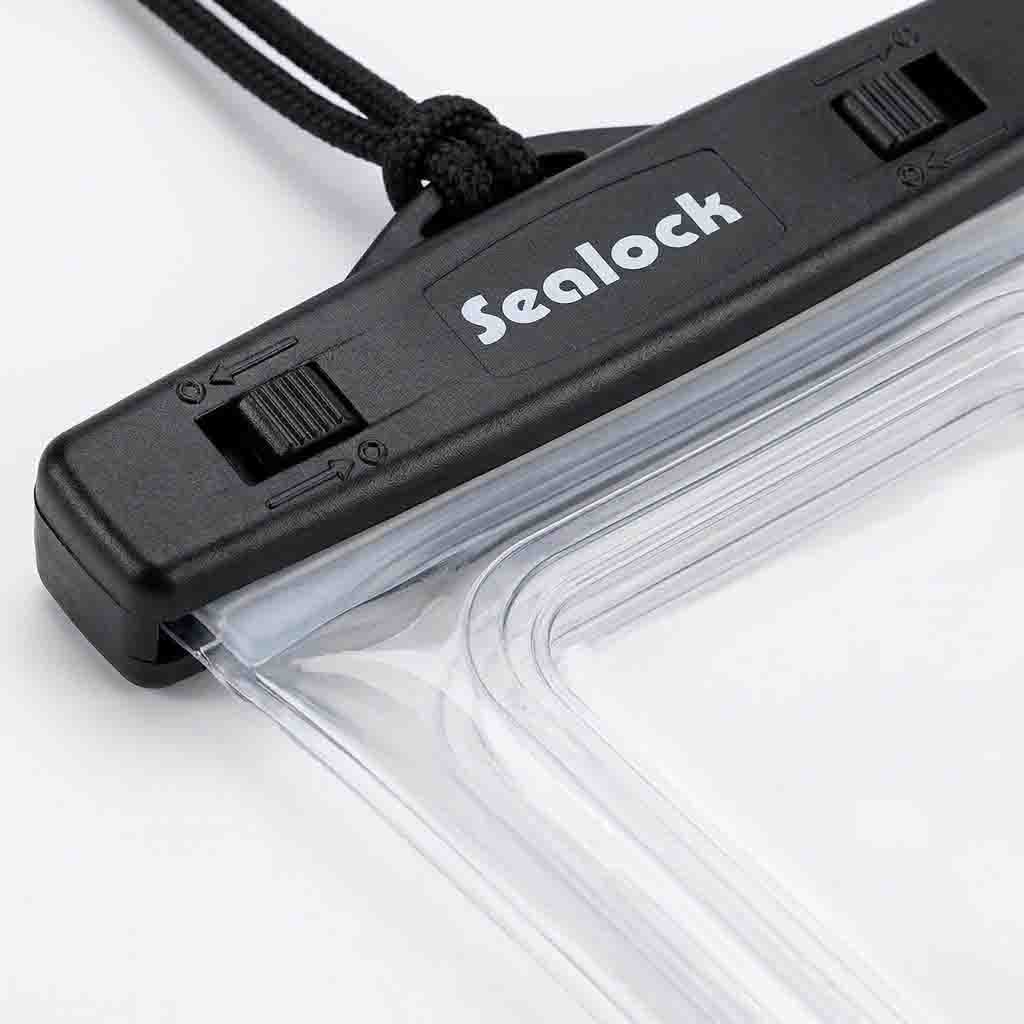 Silicone sealing strip compressed by an ABS dual slide lock across a pouch opening